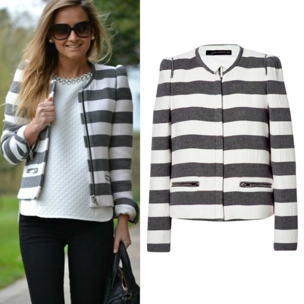 Zara Gray Cream Striped Puff Shoulder Cropped Zip Front Blazer Jacket - XS